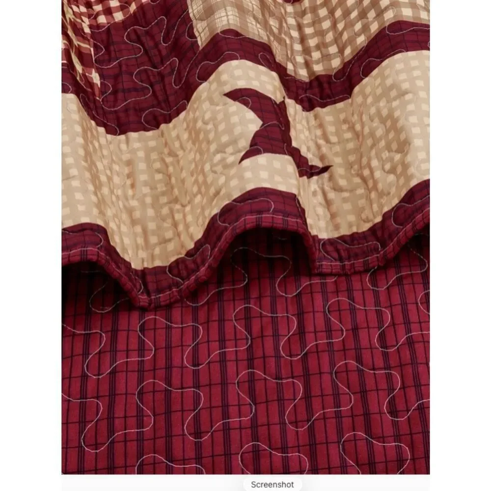 Primitive Burgundy Star Printed Quilted Throw Blanket Farmhouse Cottagecore